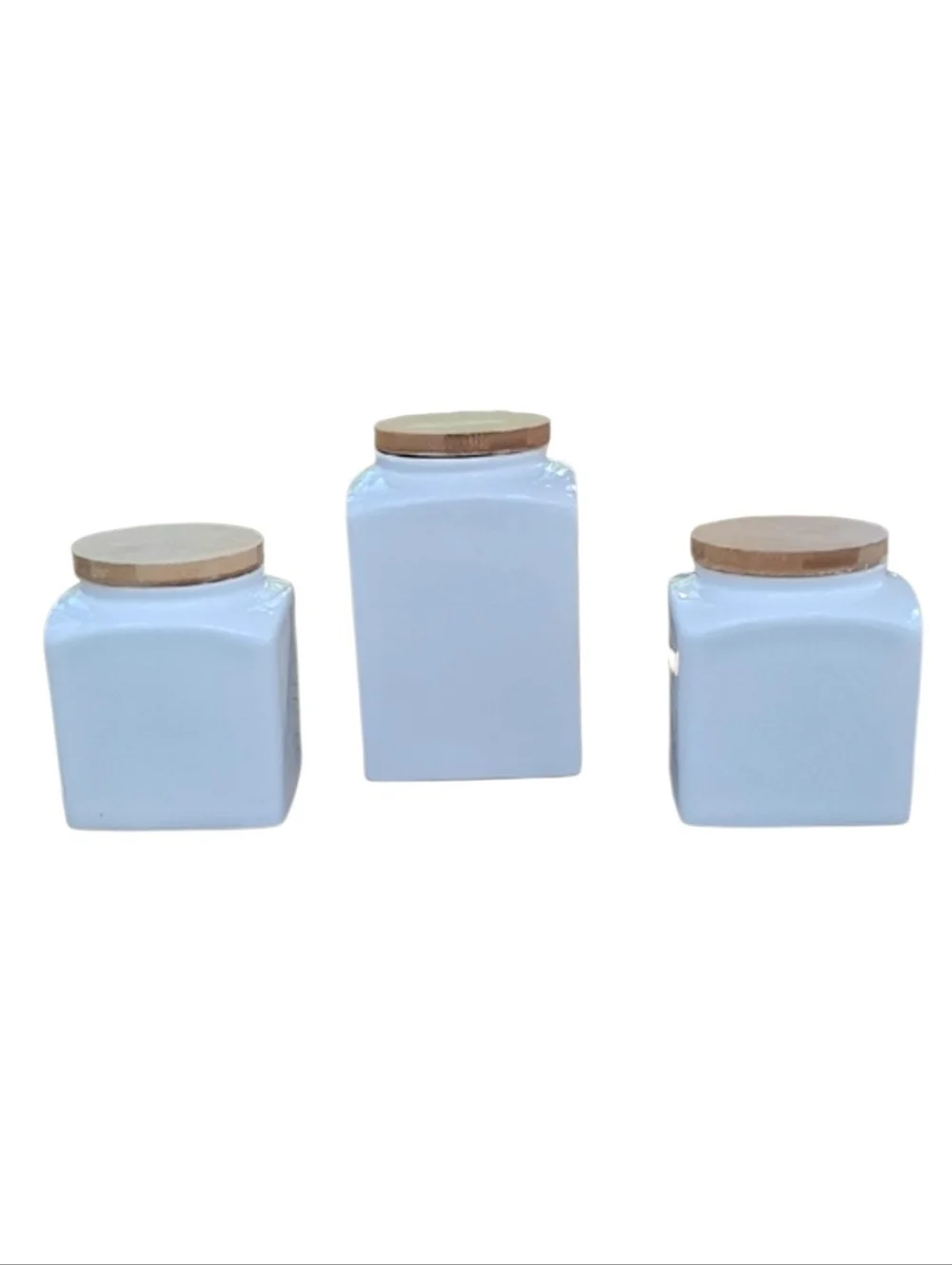 THL Ceramic Tea, Flour & Sugar Canister Set with Wooden Lids - White